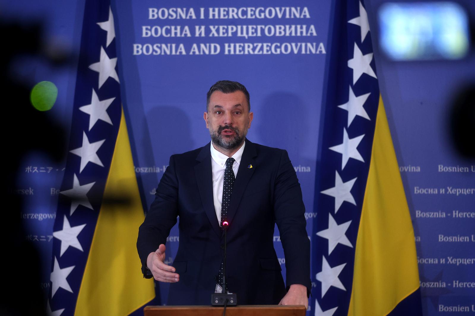 19.04.2023., Sarajevo, Bosna i Hercegovina - Ministar vanjskih poslova BiH Elmedin Konakovic dao je izjavu medijima nakon sjednice Vijeca ministara. Photo: Armin Durgut/PIXSELL