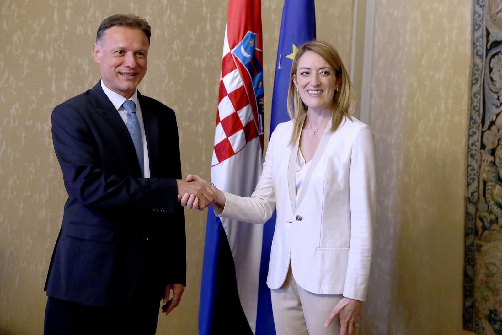 20.06.2023., Zagreb - Predsjednik Hrvatskoga sabora Gordan Jandrokovic primio je danas predsjednicu Europskog parlamenta Robertu Metsolu koja boravi u sluzbenom posjetu Republici Hrvatskoj. Photo: Patrik Macek/PIXSELL