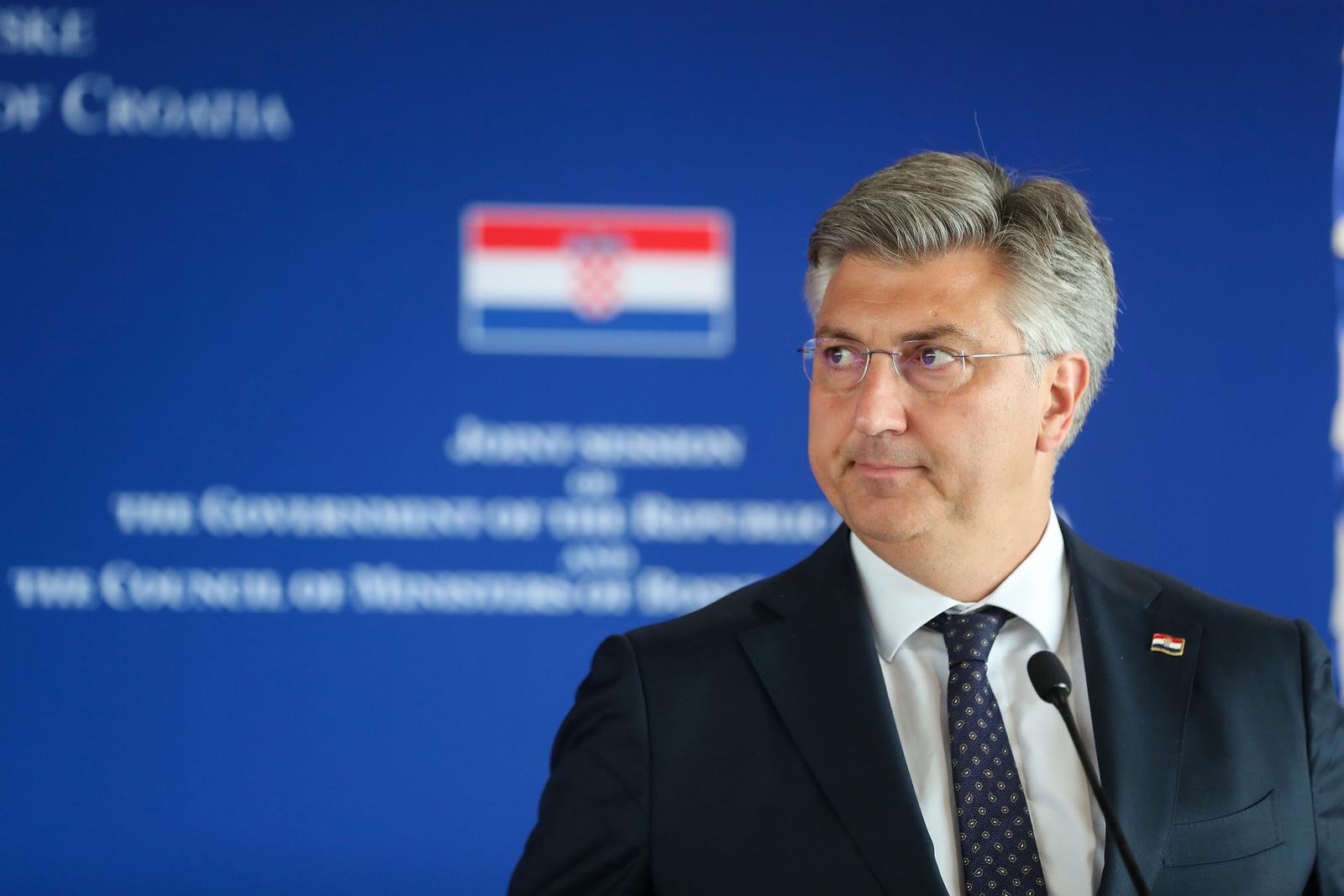 20.06.2023., Zagreb - Konferencija za medije nakon zajednicke sjednice Vlade Republike Hrvatske i Vijeca ministara Bosne i Hercegovine u Nacionalnoj i sveucilisnoj knjiznici. predsjednik Vlade RH Andrej Plenkovic Photo: Matija Habljak/PIXSELL