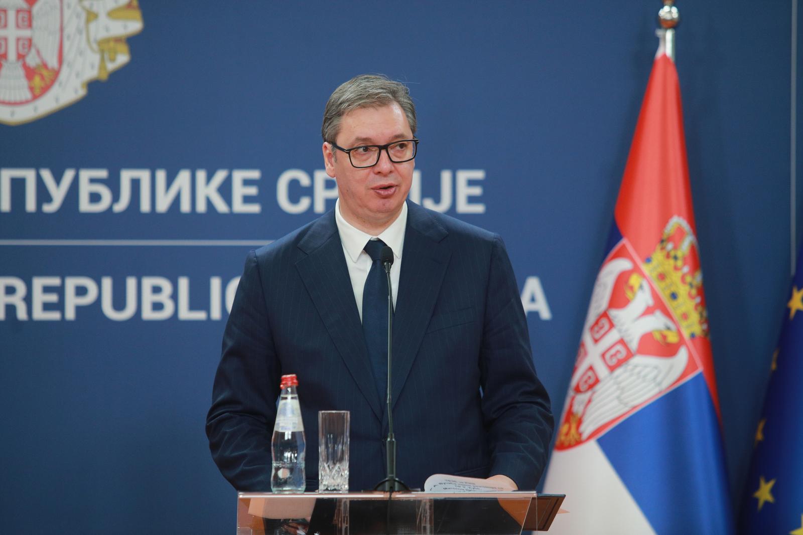 21, June, 2023, Belgrade - Statements for the media by the President of the Republic of Serbia, Aleksandar Vucic, and the President of the Republic of Cuba, Miguel Díaz-Canel Bermudez.. Aleksandar Vucic. Photo: Milos Tesic/ATAImages

21, jun, 2023, Beograd - Izjave za medije predsednika Republike Srbije Aleksandra Vucica i predsednika Republike Kube Migela Dijas-Kanela Bermudesa. Photo: Milos Tesic/ATAImages/PIXSELL