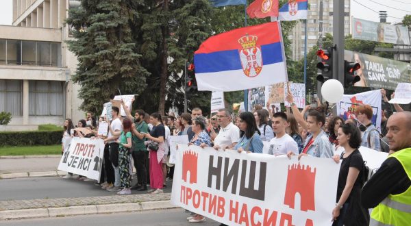 24, June, 2023, Nis - In Nis, the third citizens' protest called "Serbia against violence" was held, and the gathering started in front of the City Assembly, to the Court, then along Vozdovo Street to Crveni Pevac, from there along Vojvoda Misica Street to the roundabout near Delta, then along Nemanjica Boulevard and Street 7 July to the City Hall. Photo: Radule Perisic/ATAImages

24, jun, 2023, Nis - U Nisu je odrzan treci protest gradjana pod nazivom "Srbija protiv nasilja", a okupljanje je krenulo ispred Skupstine Grada, do Suda, a zatim Vozdovom ulicom do Crvenog pevca, odatle Ulicom vojvode Misica do kruznog toka kod Delte, potom Bulevarom Nemanjica i Ulicom 7. jula do Gradske kuce. Photo: Radule Perisic/ATAImages Photo: Radule Perisic/PIXSELL