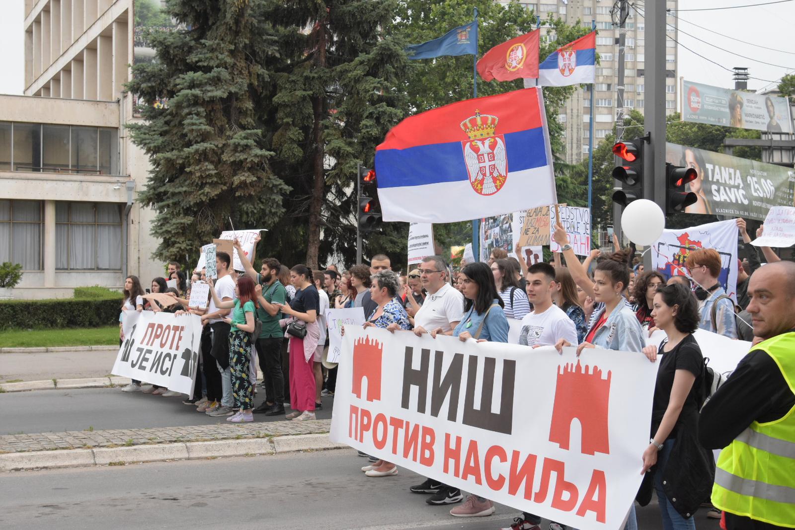 24, June, 2023, Nis - In Nis, the third citizens' protest called "Serbia against violence" was held, and the gathering started in front of the City Assembly, to the Court, then along Vozdovo Street to Crveni Pevac, from there along Vojvoda Misica Street to the roundabout near Delta, then along Nemanjica Boulevard and Street 7 July to the City Hall. Photo: Radule Perisic/ATAImages

24, jun, 2023, Nis - U Nisu je odrzan treci protest gradjana pod nazivom "Srbija protiv nasilja", a okupljanje je krenulo ispred Skupstine Grada, do Suda, a zatim Vozdovom ulicom do Crvenog pevca, odatle Ulicom vojvode Misica do kruznog toka kod Delte, potom Bulevarom Nemanjica i Ulicom 7. jula do Gradske kuce. Photo: Radule Perisic/ATAImages Photo: Radule Perisic/PIXSELL
