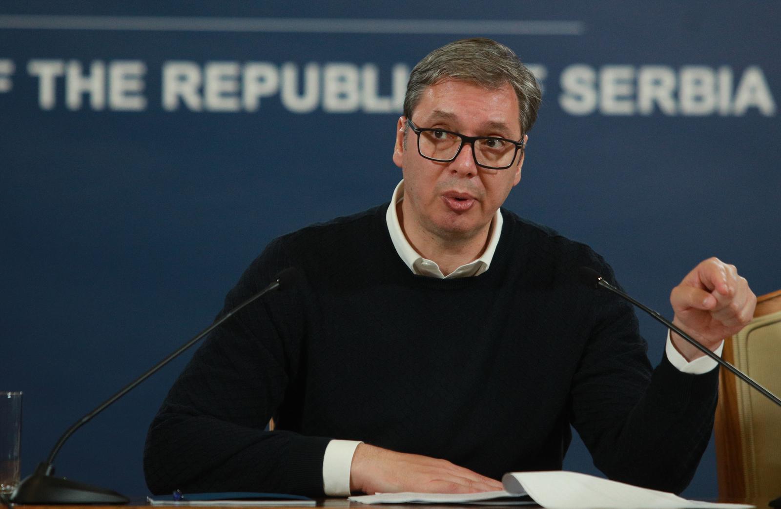 29, May, 2023, Belgrade - Regarding the situation in Kosovo and Metohija, the President of the Republic of Serbia, Aleksandar Vucic, addressed the public in the building of the General Secretariat of the President of the Republic. Aleksandar Vucic. Photo: Milos Tesic/ATAImages

29, maj, 2023, Beograd - Povodom situacije na Kosovu i Metohiji, predsednik Republike Srbije Aleksandar Vucic obratio se javnosti u zgradi Generalnog sekretarijata predsednika Republike. Photo: Milos Tesic/ATAImages Photo: Milos Tesic/ATAImages/PIXSELL