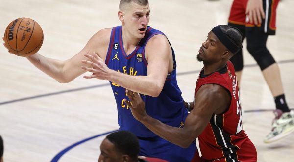 Jun 1, 2023; Denver, CO, USA; Denver Nuggets center Nikola Jokic (15) controls the ball while defended by Miami Heat forward Jimmy Butler (22) during the second quarter in game one of the 2023 NBA Finals at Ball Arena. Mandatory Credit: Isaiah J. Downing-USA TODAY Sports Photo: Isaiah J. Downing/REUTERS