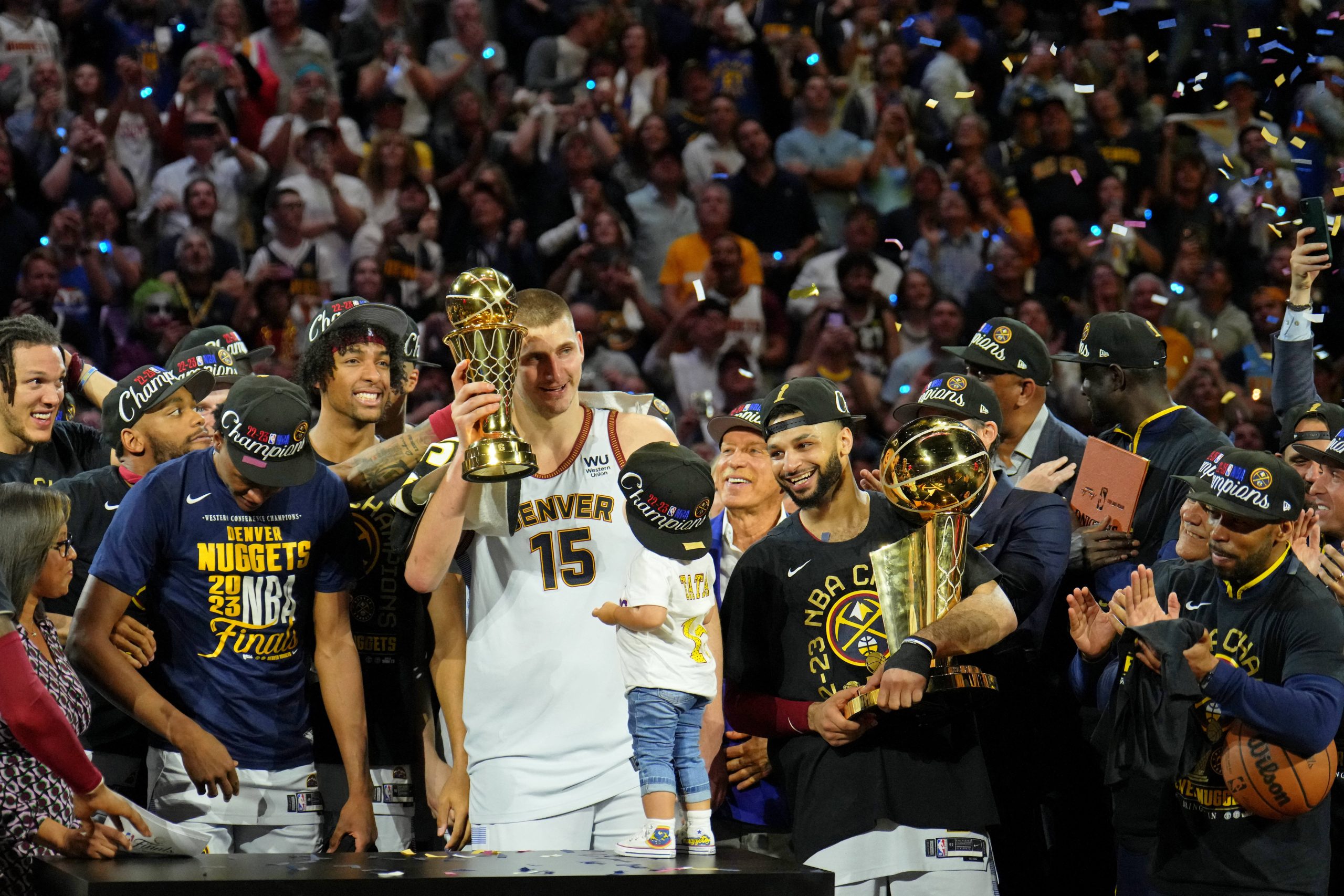 Jun 12, 2023; Denver, Colorado, USA; The Denver Nuggets celebrate after center Nikola Jokic (15) was awarded the Bill Russell NBA Finals MVP Award after winning the 2023 NBA Finals against the Miami Heat at Ball Arena. Mandatory Credit: Kyle Terada-USA TODAY Sports Photo: Kyle Terada/REUTERS