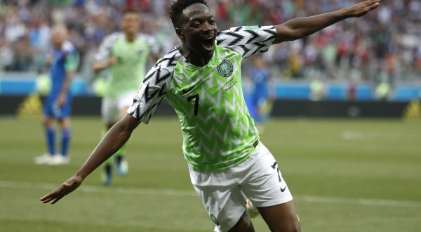 FILE - Nigeria's and former Leicester player Ahmed Musa celebrates after scoring his team's second goal during the group D match between Nigeria and Iceland at the 2018 soccer World Cup in the Volgograd Arena in Volgograd, Russia, Friday, June 22, 2018. Cristian Ronaldo’s Saudi Arabian club Al Nassr will have its FIFA ban on registering new players lifted when it settles a debt with Leicester. (AP Photo/Darko Vojinovic, File)