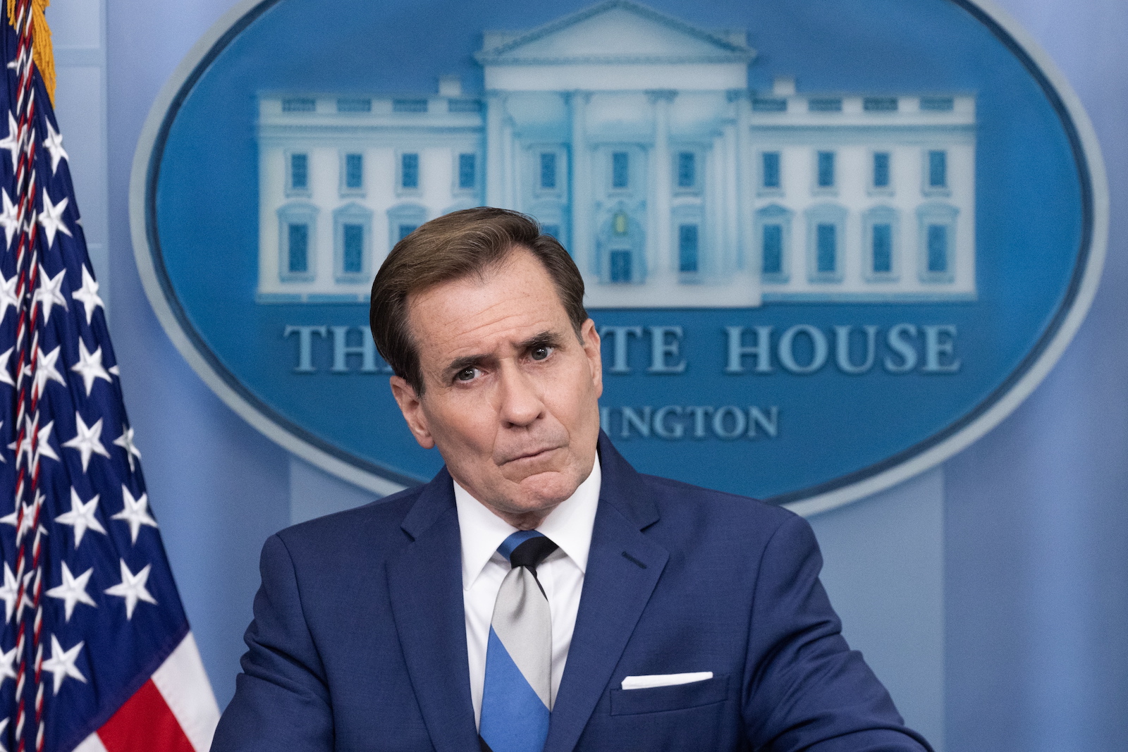 epa10687468 US National Security Council Coordinator for Strategic Communications, John Kirby, participates in a news conference in the James Brady Press Briefing Room of the White House, in Washington, DC, USA, 12 June 2023.  EPA/MICHAEL REYNOLDS / POOL