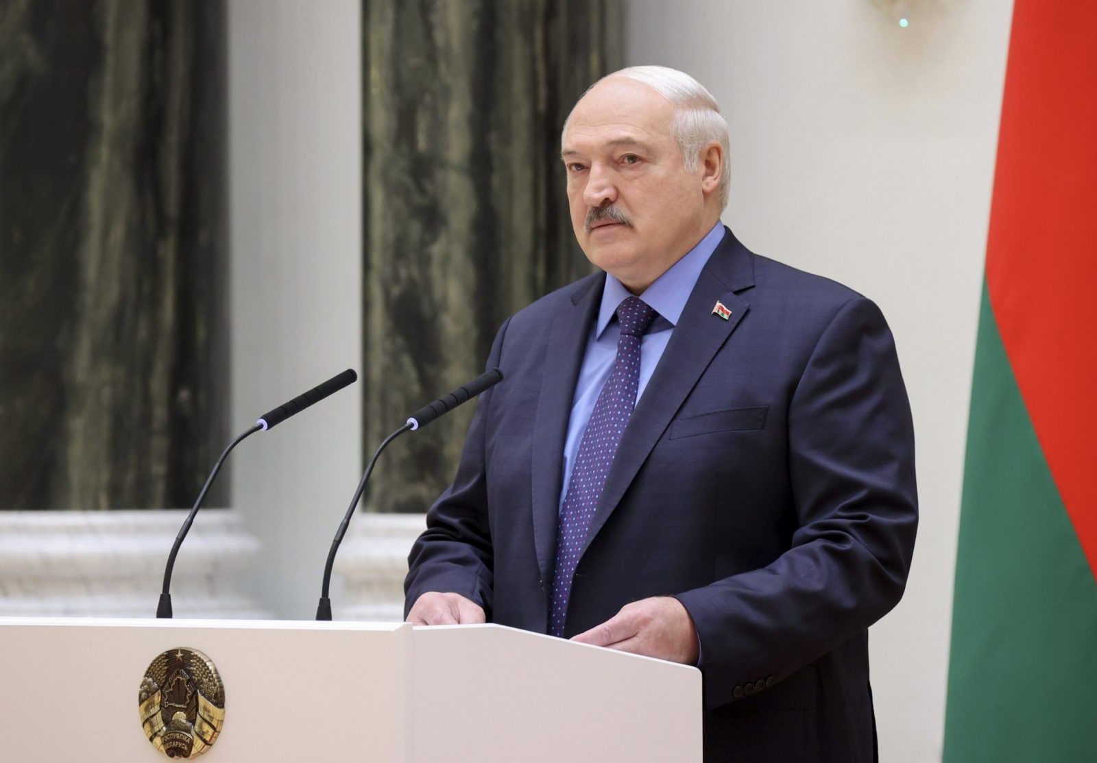 epa10713845 A handout photo made available by the Belarus President Press-service shows Belarusian President Alexander Lukashenko deliveriing a speech during the presentation of general's shoulder straps to the highest officers of the Belarusian army in Minsk, Belarus, 27 June 2023. According to the Belarussian state new sagency Belta, President Lukashenko confirmed that the founder of the private military company (PMC) Wagner Group Yevgeny Progozhin, is in the country and that " Belarus will benefit form the group's fighters' experience. On 24 June, counter-terrorism measures were enforced in Moscow and other Russian regions after (PMC) Wagner Group Chief Prigozhin claimed that his troops had occupied the building of the headquarters of the Southern Military District in Rostov-on-Don, demanding a meeting with Russia's defense chiefs. Belarusian President Lukashenko, a close ally of Putin, negotiated a deal with Wagner chief Prigozhin to stop the movement of the group's fighters across Russia. Prigozhin announced that Wagner fighters were turning their columns around and going back in the other direction, returning to their field camps.  E  EPA/BELARUS PRESIDENT PRESS-SERVICE /HANDOUT HANDOUT HANDOUT EDITORIAL USE ONLY/NO SALES HANDOUT EDITORIAL USE ONLY/NO SALES