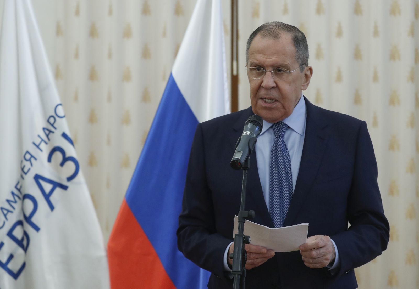 epa10719051 Russian Foreign Minister Sergei Lavrov delivers his speech during the opening of the National Center for Public Diplomacy of the Shanghai Cooperation Organization (SCO) in Moscow, Russia, 30 June 2023. Lavrov confirmed Iran's full-scale admission to the SCO is scheduled for 04 July at the Council of Heads of State of the organization.  EPA/MAXIM SHIPENKOV