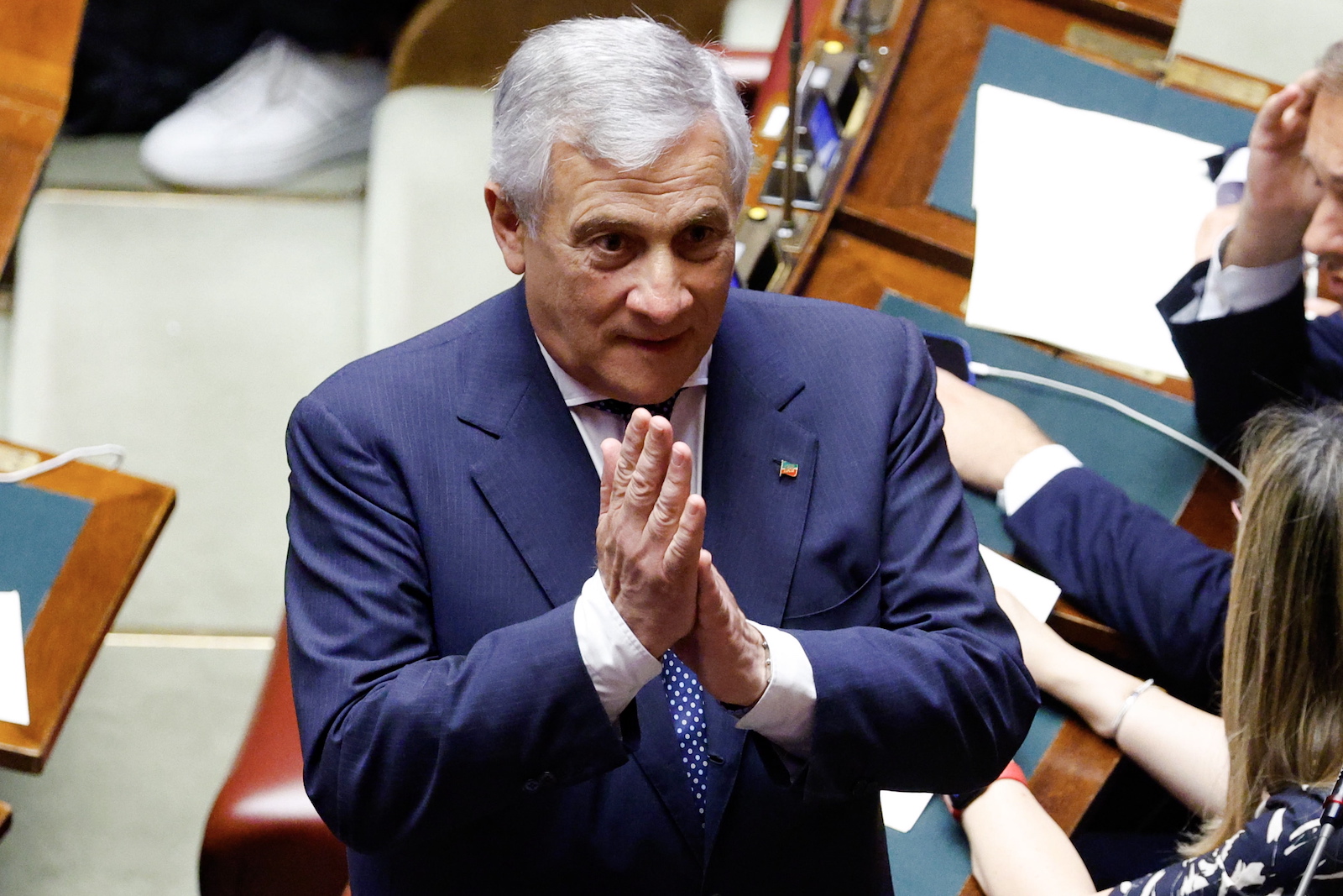 epa10727993 Italian Foreign Minister and Deputy Prime Minister Antonio Tajani gestures during a voting session at the Chamber of Deputies to postpone the ratification of the European Stability Mechanism (ESM), in Rome, Italy, 05 July 2023.  EPA/FABIO FRUSTACI