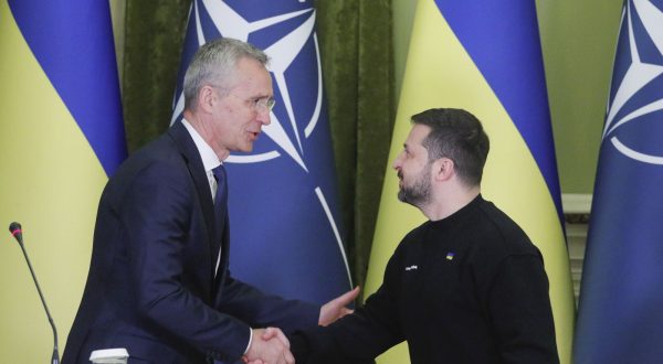 epa10731563 (FILE) - President of Ukraine Volodymyr Zelensky (R) and NATO Secretary General Jens Stoltenberg (L) shake hands during a joint press conference following their meeting in Kyiv (Kiev), Ukraine, 20 April 2023. Stoltenberg's visit to Kyiv was not announced. It is the first time the NATO chief visits Ukraine since Russia began its full-scale invasion of the country in February 2022.  EPA/SERGEY DOLZHENKO