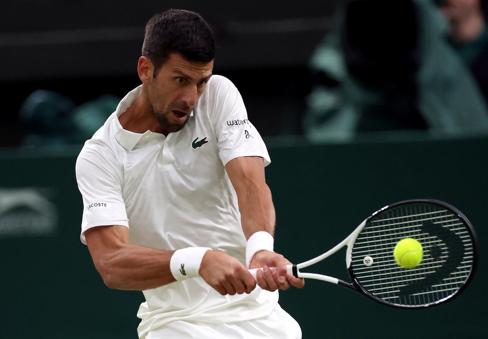 epa10736758 Novak Djokovic of Serbia plays Hubert Hurkacz of Poland in the Men's Singles 4th round match at the Wimbledon Championships, Wimbledon, Britain, 09 July 2023.  EPA/ISABEL INFANTES   EDITORIAL USE ONLY