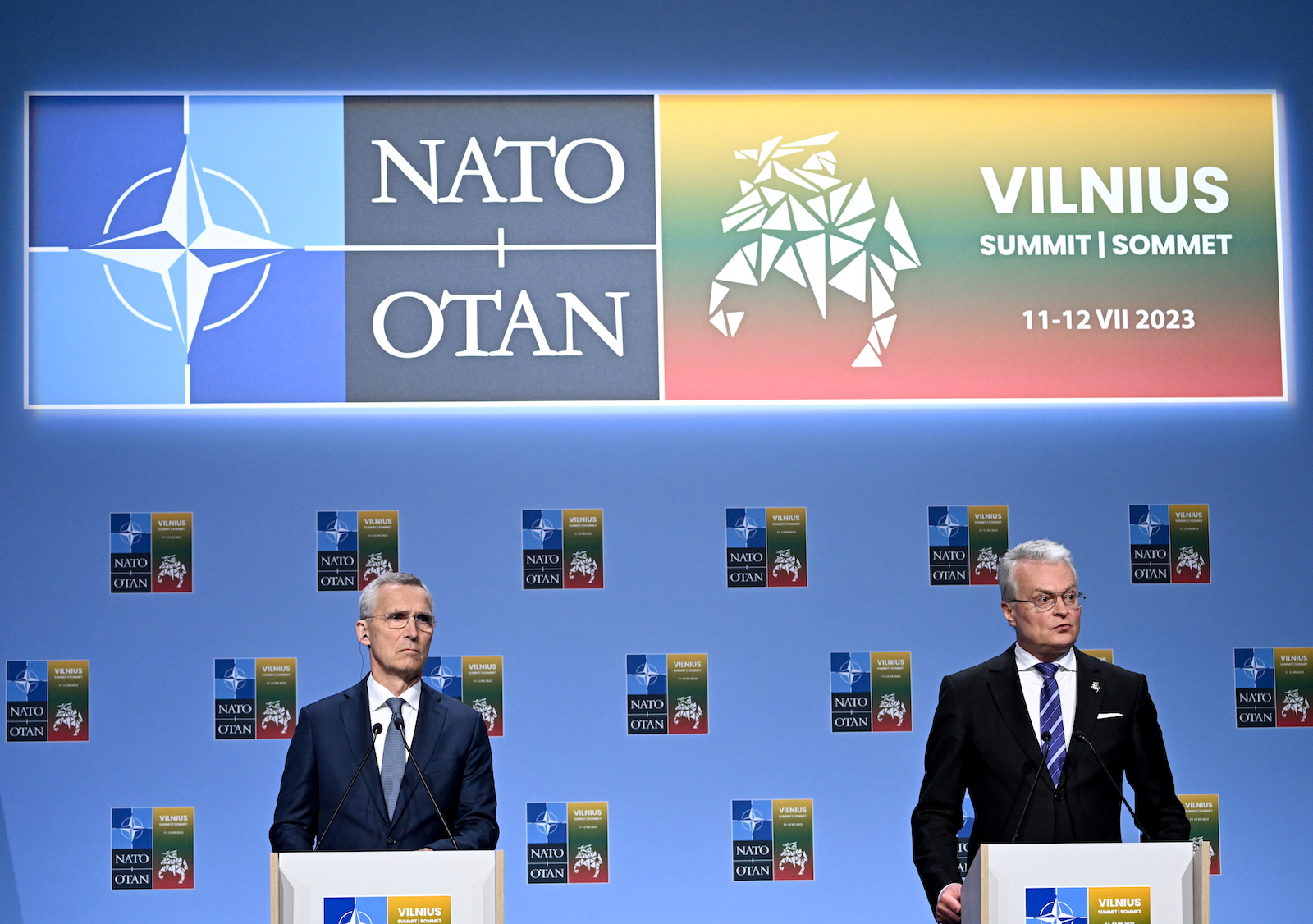 epa10737375 NATO â€‹Secretary General Jens Stoltenberg (L) and Lithuanian President Gitanas Nauseda address a joint press conference about the NATO â€‹summit in Vilnius, Lithuania, 10 July 2023. The NATO Summit will take place in Vilnius on 11 and 12 July 2023 with the alliance's leaders expected to adopt new defense plans.  EPA/FILIP SINGER
