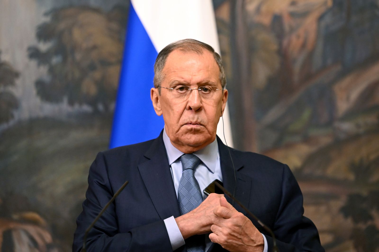 epa10737718 Russian Foreign Minister Sergei Lavrov looks on during a joint press conference with Oman's Foreign Minister Sayyid Badr bin Hamad bin Hamood Albusaidi and the Gulf Cooperation Council (GCC) Secretary General Jasem Mohamed AlBudaiwi (both not pictured) following a meeting of Sergei Lavrov with his counterparts of the GCC member states in Moscow, Russia, 10 July 2023.  EPA/NATALIA KOLESNIKOVA / POOL