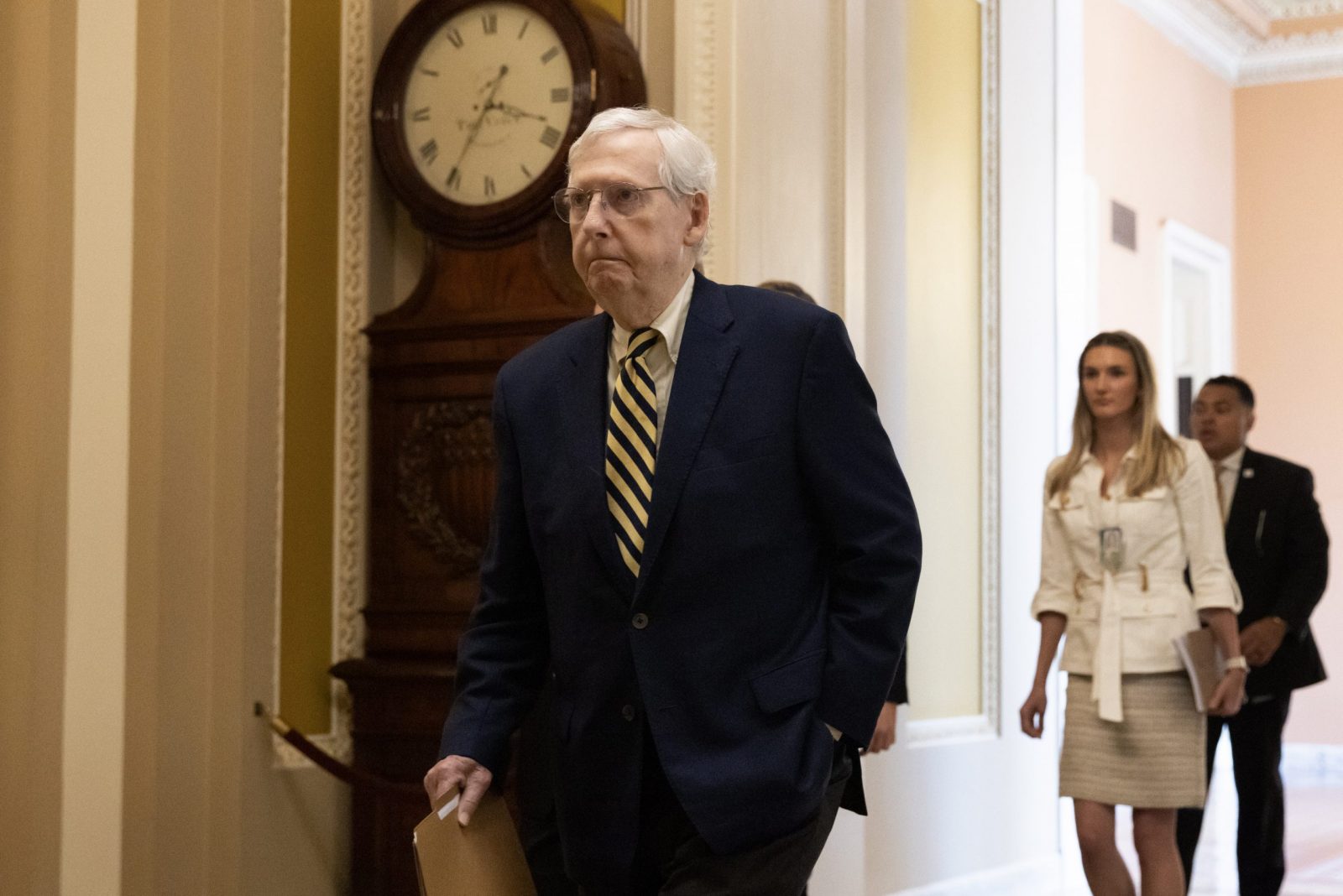 epa10738530 Senate Minority Leader Mitch McConnell walks to the Senate chamber on Capitol Hill in Washington, DC, USA, 10 July 2023. The Senate reconvened following a two-week recess and is expected to move forward on over a dozen pieces of legislation in the coming weeks before leaving for a planned recess in August.  EPA/MICHAEL REYNOLDS