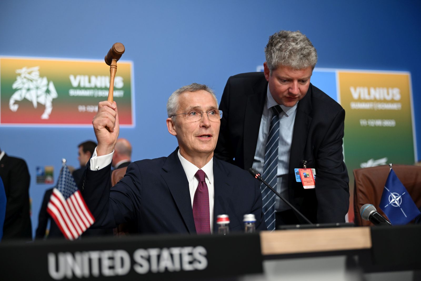 epa10739612 Secretary General of NATO Jens Stoltenberg holds a gavel during the meeting of the North Atlantic Council with Sweden at the NATO ​summit in Vilnius, Lithuania, 11 July 2023. The North Atlantic Treaty Organization (NATO) Summit takes place in Vilnius on 11 and 12 July 2023 with the alliance's leaders expected to adopt new defence plans.  EPA/FILIP SINGER