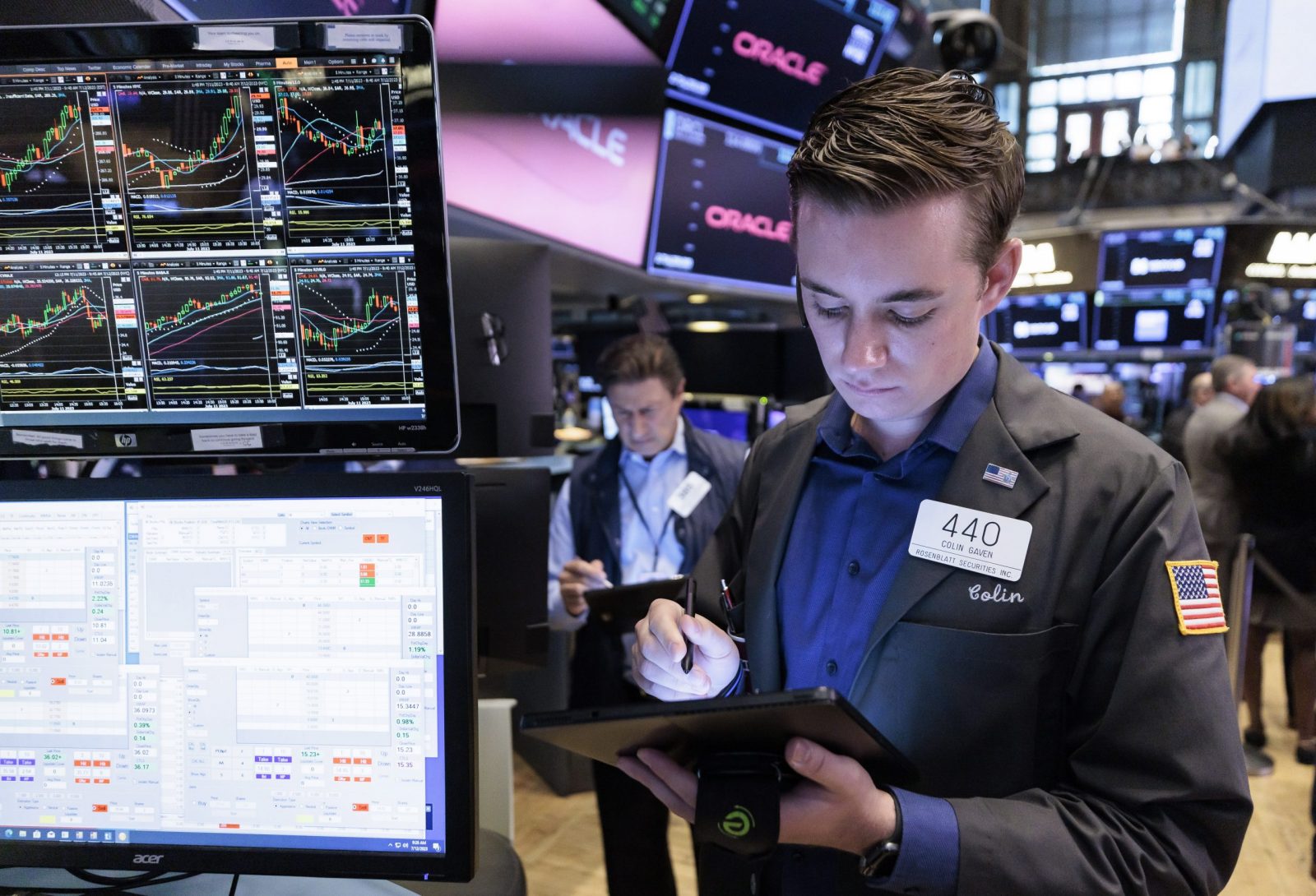 epa10741900 Traders work on the floor of the New York Stock Exchange in New York, USA, 12 July 2023. US stocks surged on 12 July after the United States Department of Labor data showed that inflation of consumer prices was lower in June. The Consumer Price Index for All Urban Consumers (CPI-U) rose 0.2 percent in June, after increasing 0.1 percent in May, while the all items index increased 3.0 percent over the last 12 months, according to the data.  EPA/JUSTIN LANE