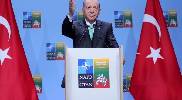epa10741858 President of Turkey Recep Tayyip Erdogan attends a press conference during the NATO ​summit in Vilnius, Lithuania, 12 July 2023. The North Atlantic Treaty Organization (NATO) Summit takes place in Vilnius on 11 and 12 July 2023 with the alliance's leaders expected to adopt new defense plans.  EPA/TIM IRELAND