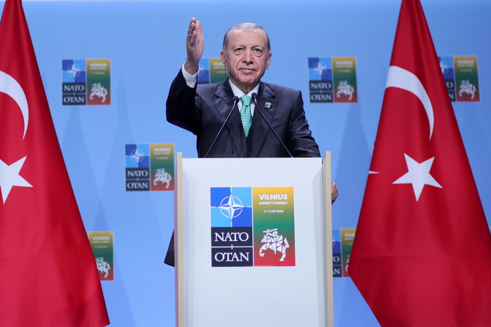 epa10741858 President of Turkey Recep Tayyip Erdogan attends a press conference during the NATO ​summit in Vilnius, Lithuania, 12 July 2023. The North Atlantic Treaty Organization (NATO) Summit takes place in Vilnius on 11 and 12 July 2023 with the alliance's leaders expected to adopt new defense plans.  EPA/TIM IRELAND
