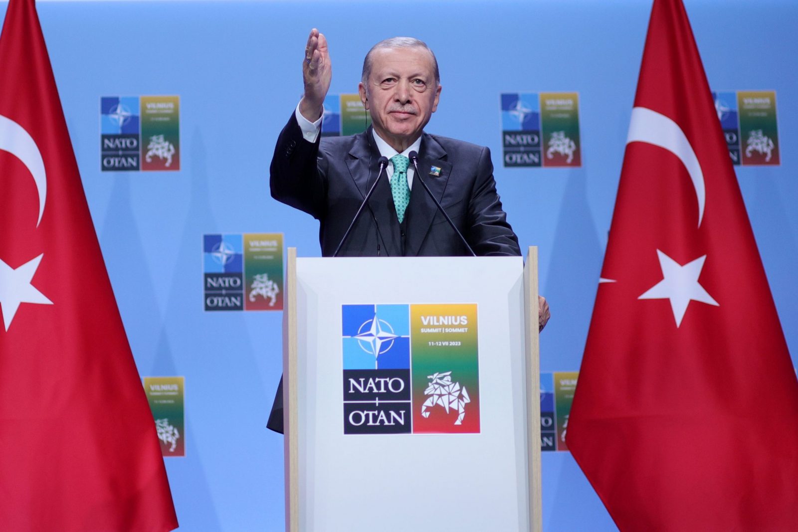 epa10741858 President of Turkey Recep Tayyip Erdogan attends a press conference during the NATO ​summit in Vilnius, Lithuania, 12 July 2023. The North Atlantic Treaty Organization (NATO) Summit takes place in Vilnius on 11 and 12 July 2023 with the alliance's leaders expected to adopt new defense plans.  EPA/TIM IRELAND