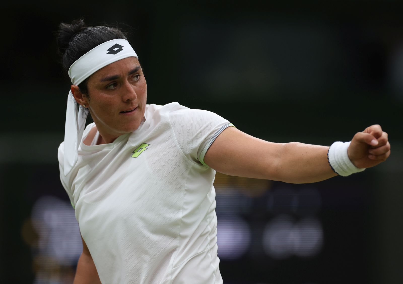 epa10744131 Ons Jabeur of Tunisia reacts during her Women's Singles semi-final match against Aryna Sabalenka of Belarus at the Wimbledon Championships, Wimbledon, Britain, 13 July 2023.  EPA/ISABEL INFANTES   EDITORIAL USE ONLY