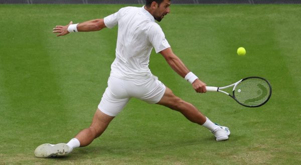 epa10746065 Novak Djokovic of Serbia in action during his Men's Singles semi-final match against Jannik Sinnner of Italy at the Wimbledon Championships, Wimbledon, 14 July 2023.  EPA/ISABEL INFANTES   EDITORIAL USE ONLY