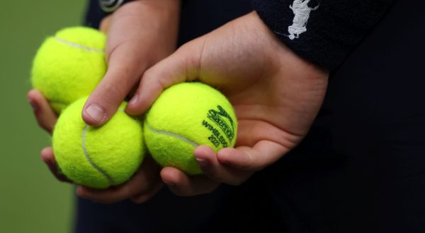 epa10747921 Tennis balls during the Women's Singles final match Ons Jabeur of Tunisia against Marketa Vondrousova of Czech Republic at the Wimbledon Championships, Wimbledon, Britain, 15 July 2023.  EPA/NEIL HALL   EDITORIAL USE ONLY