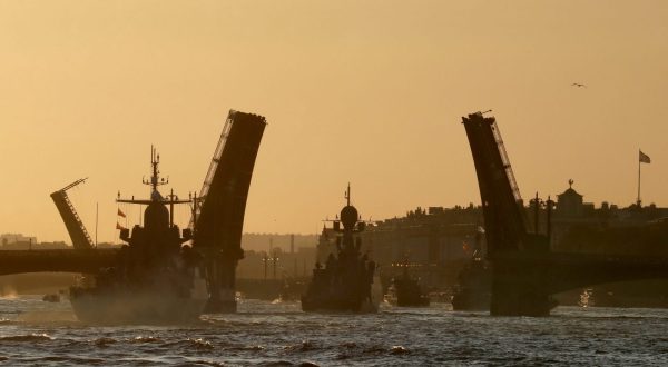 epa10748754 Russian Navy warships attend a rehearsal for the 'Russia Navy Day' parade in St. Petersburg, Russia, early 16 July 2023. The 'Russia Navy Day' is celebrated on the last Sunday in July.  EPA/ANATOLY MALTSEV