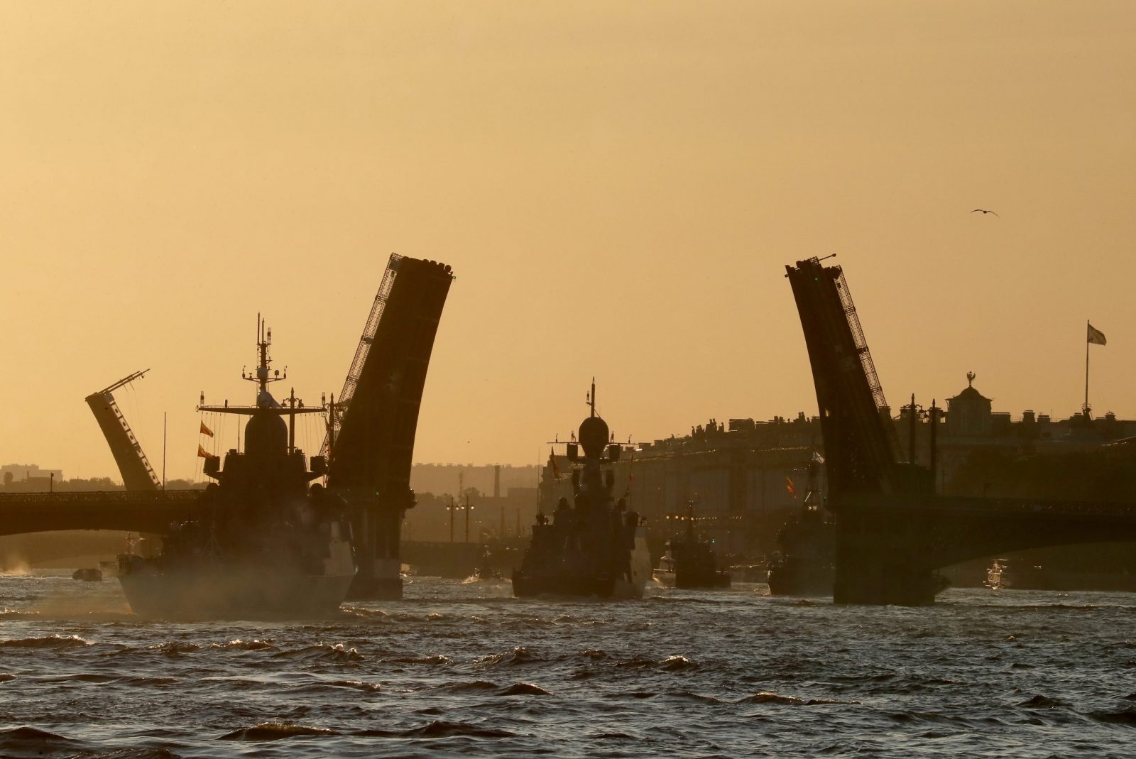 epa10748754 Russian Navy warships attend a rehearsal for the 'Russia Navy Day' parade in St. Petersburg, Russia, early 16 July 2023. The 'Russia Navy Day' is celebrated on the last Sunday in July.  EPA/ANATOLY MALTSEV