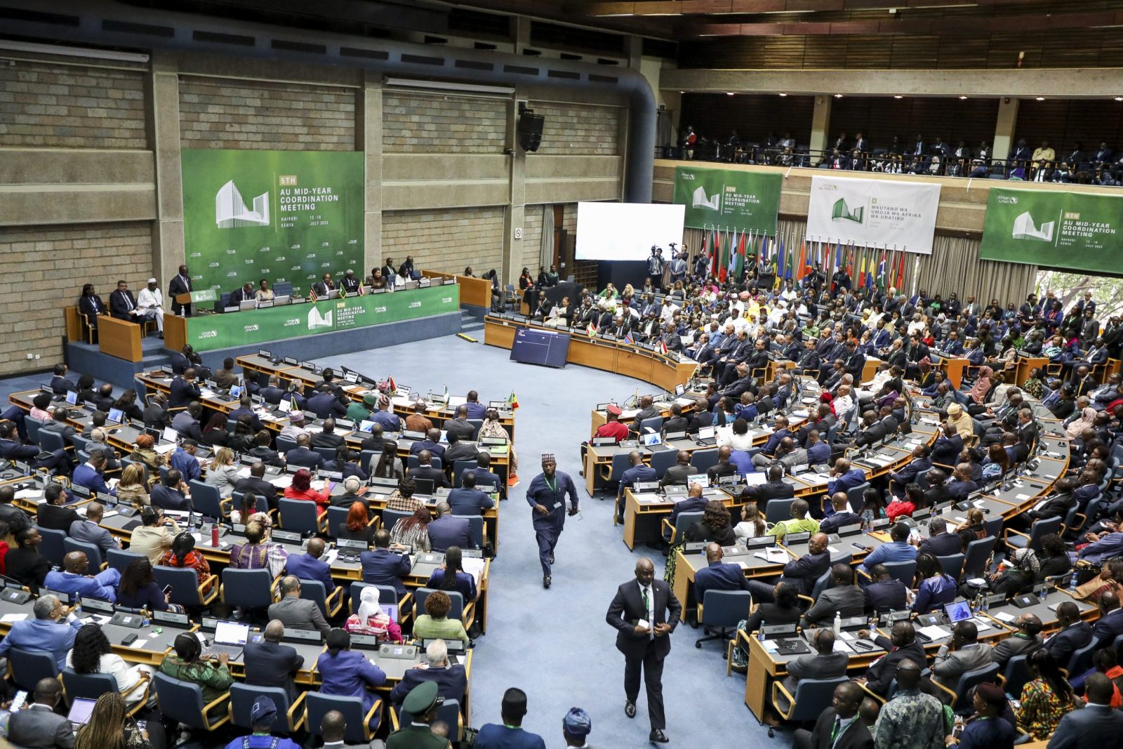 epa10749268 Delegates follow the proceedings of the closing ceremony of the 5th Mid-Year Coordination Meeting of the African Union, Regional Economic Communities and Regional Mechanisms being held at the United Nations (UN) offices in Gigiri, Nairobi, Kenya, 16 July 2023. The meeting was running from 13 July 2023.  EPA/DANIEL IRUNGU