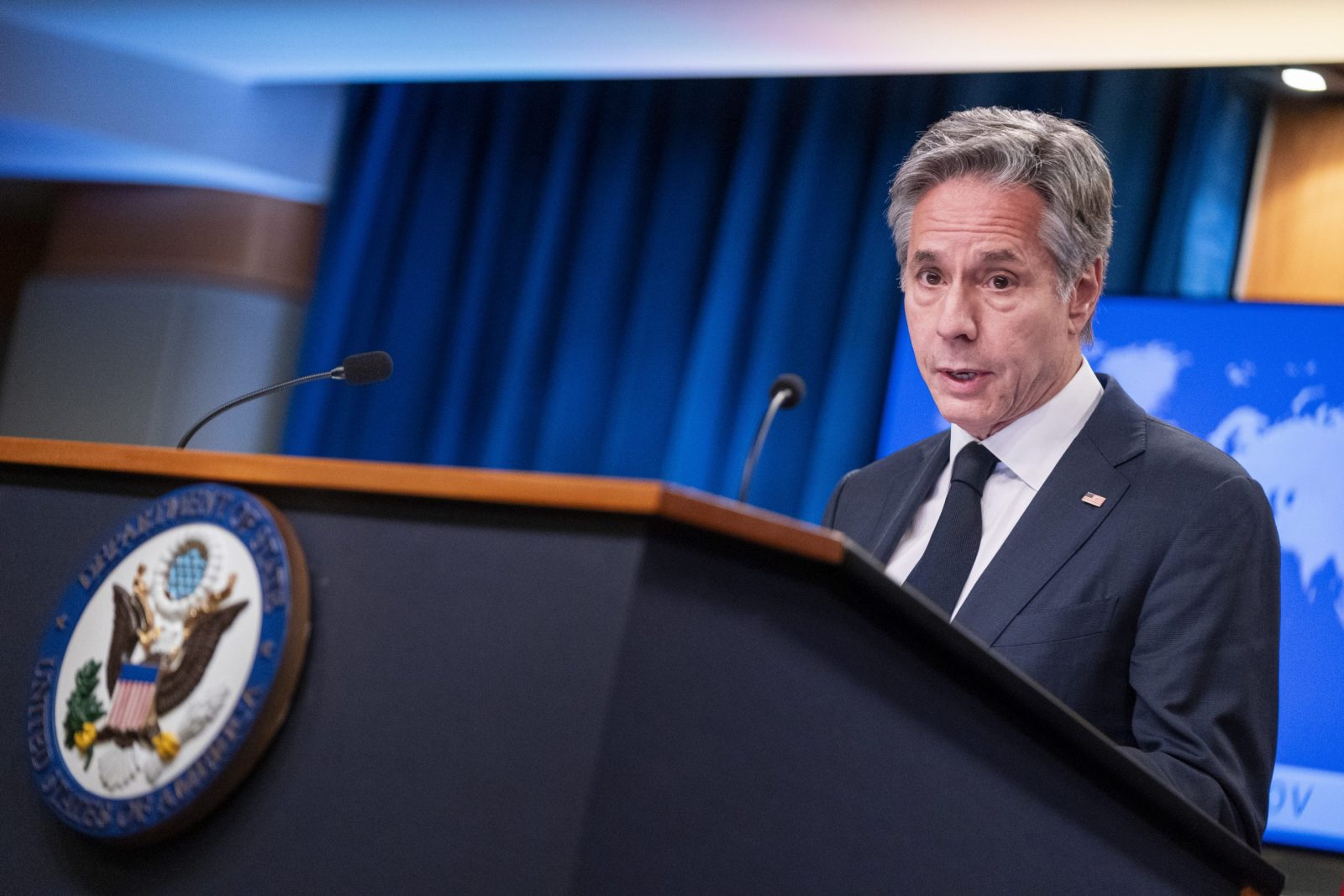 epa10752185 US Secretary of State Antony Blinken responds to a question from the news media during a press briefing at the State Department in Washington, DC, USA, 17 July 2023. Secretary Blinken is urging the Senate to move forward on blocked State Department nominees.  EPA/SHAWN THEW