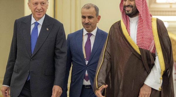 epa10752595 A handout photo made available by Saudi Royal Palace shows Saudi Crown Prince Mohammed bin Salaman (R) welcoming Turkey's President Recep Tayyip Erdogan (L) in Jeddah, Saudi Arabia, 17 July 2023 (issued 18 July 2023). Erdogan had talks with the Saudi Crown Prince and witnessed the signing of bilateral agreements.  EPA/BANDAR AL-JALOUD HANDOUT  HANDOUT EDITORIAL USE ONLY/NO SALES