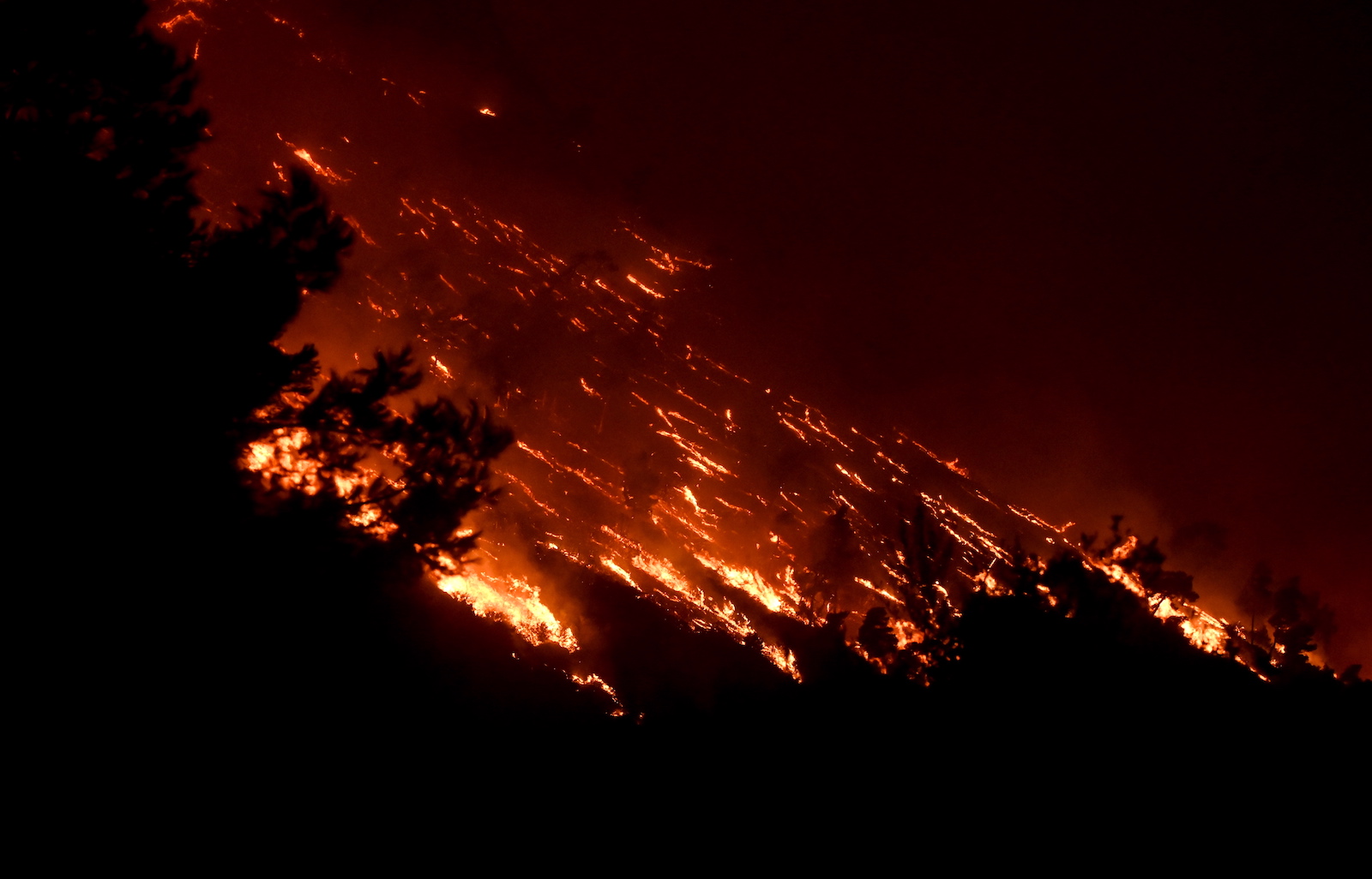 epa10765116 A wildfire burns at the Trapeza village, in Achaia Peloponnese, Greece, 23 July 2023. There is an extreme, category 5, fire risk high alert also for 24 July, for five Greek regions of Attica, Central Greece, the Peloponnese, Western Greece and southern Aegean with the island of Rhodes, according to the Fire Risk Forecast Map issued by the General Secretariat for Civil Protection at the climate crisis and civil protection ministry.  EPA/GIOTA LOTSARI