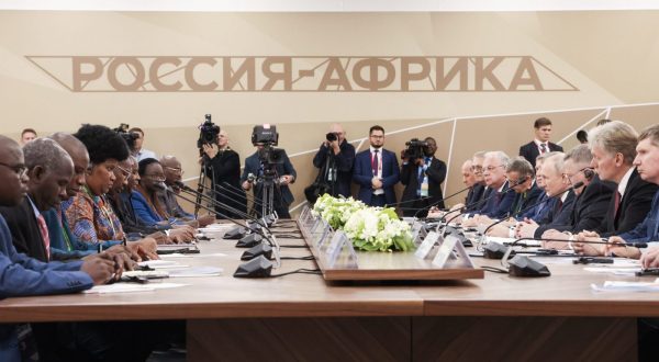 epa10771640 A handout photo made available by TASS Host Photo Agency shows Russia's President Vladimir Putin (4-R) in a meeting with participants, on the sidelines of the Second Summit Economic and Humanitarian Forum 'Russia-Africa' in St.Petersburg, Russia, 27 July 2023. The Second Summit Economic and Humanitarian Forum 'Russia-Africa' will take place from July 27 to 28 at the congress-exhibition center Expoforum in St.Petersburg.  EPA/Vyacheslav Prokofyev/ TASS Host Photo Agency/ HANDOUT  HANDOUT EDITORIAL USE ONLY/NO SALES