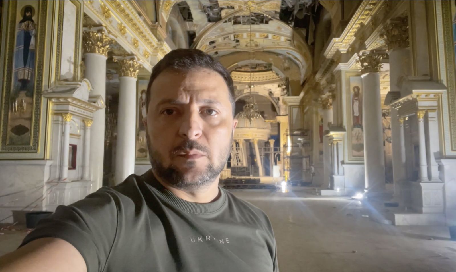 epa10772823 A handout photo made available by the Ukrainian Presidential Press Service shows Ukraine's President Volodymyr Zelensky inspecting the damage inside the Spaso-Preobrazhensky Cathedral (Transfiguration Cathedral) during a working trip in Odesa, southern Ukraine, 27 July 2023 (issued 28 July 2023). According to the Ukrainian presidential office, Zelensky was briefed about the extent of the damage of the church and its current condition. On 23 July 2023, the Orthodox cathedral was severely damaged by a Russian missile attack. The UNESCO has condemned Russian attacks on World Heritage sites in Ukraine, including the Spaso-Preobrazhensky Cathedral. Russia, which began its full-scale invasion of Ukraine in February 2022, has recently pulled out of a UN-Turkey brokered agreement guaranteeing safe passage to Ukrainian grain exports through the Black Sea and started the mass shelling of Odesa city, granaries, agricultural enterprises, and sea ports.  EPA/UKRAINIAN PRESIDENTIAL PRESS SERVICE HANDOUT -- MANDATORY CREDIT: UKRAINIAN PRESIDENTIAL PRESS SERVICE -- HANDOUT EDITORIAL USE ONLY/NO SALES