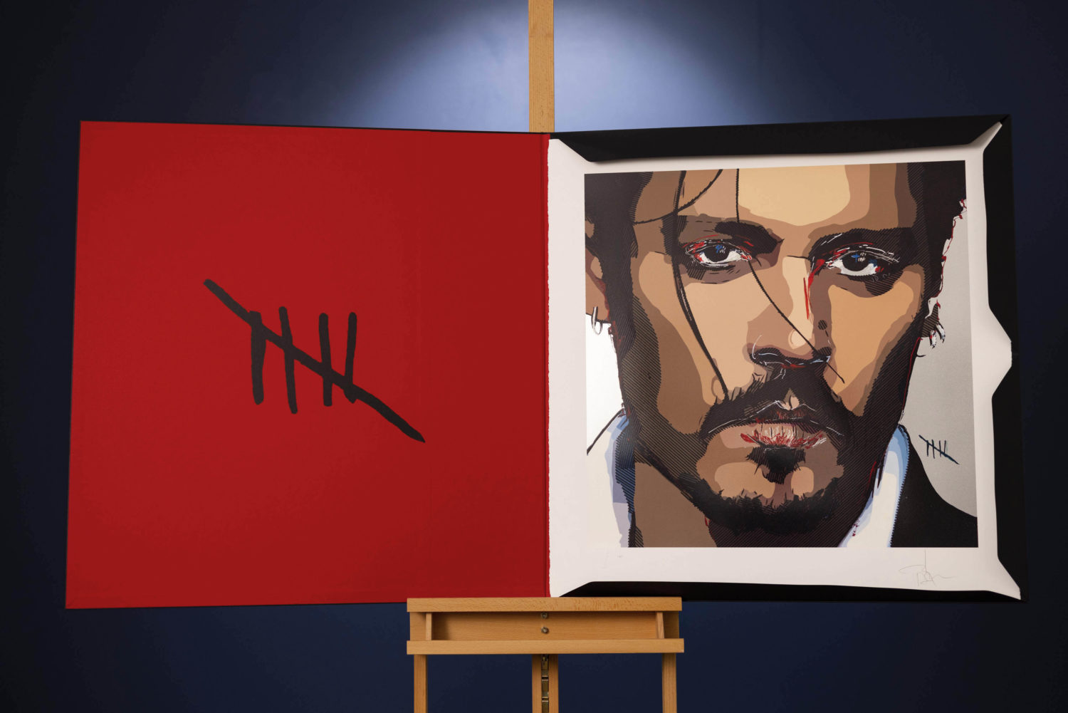 EMBARGOED TO 1700 THURSDAY JULY 20
EDITORIAL USE ONLY
A self-portrait by Johnny Depp titled ‘Five’ is unveiled at Castle Fine Art in London ahead of prints being available to buy online and in nationwide UK galleries from today. Issue date: Thursday July 20, 2023. PA Photo. The new addition to Depp’s ‘Friends & Heroes’ series is on sale for 13 days only (a number significant to the artist) and priced from £1,950. For every artwork sold, a donation will go directly to Mental Health America. Photo credit should read: David Parry/PA Wire.