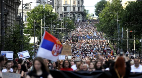 01, July, 2023, Belgrade - The ninth "Serbia against violence" protest began with a gathering of citizens in front of the Serbian Parliament, and then the gathered went to the Pink television building. . Photo: M. A./ATAImages.

01, jul, 2023, Beograd - Deveti po redu protest "Srbija protiv nasilja" je poceo okupljanjem gradjana ispred Skupstine Srbije, a potom su se okupljeni uputili do zgrade televizije Pink. . Photo: M. A./ATAImages. Photo: M.A./ATAImages/PIXSELL
