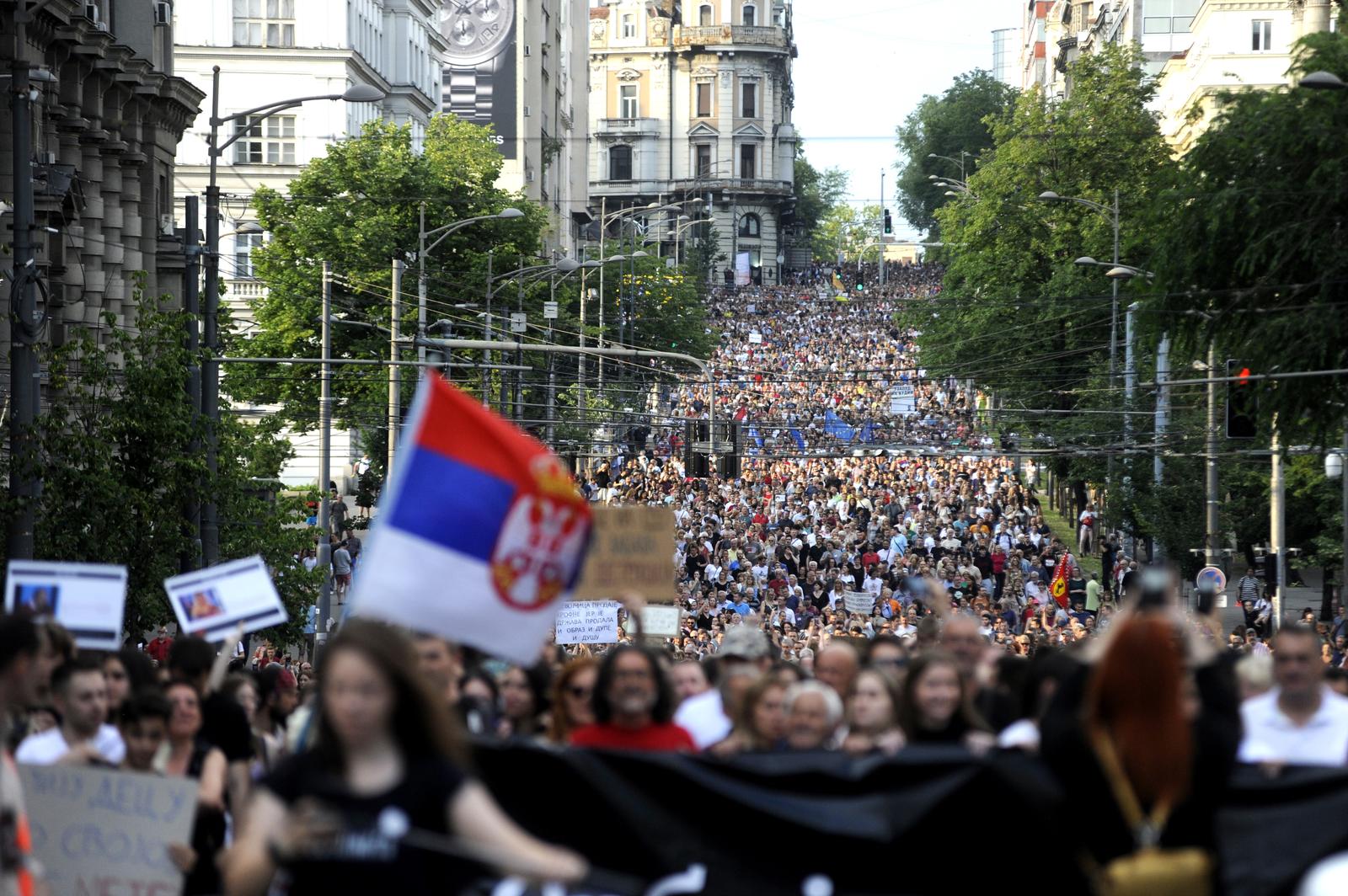 01, July, 2023, Belgrade - The ninth "Serbia against violence" protest began with a gathering of citizens in front of the Serbian Parliament, and then the gathered went to the Pink television building. . Photo: M. A./ATAImages.

01, jul, 2023, Beograd - Deveti po redu protest "Srbija protiv nasilja" je poceo okupljanjem gradjana ispred Skupstine Srbije, a potom su se okupljeni uputili do zgrade televizije Pink. . Photo: M. A./ATAImages. Photo: M.A./ATAImages/PIXSELL
