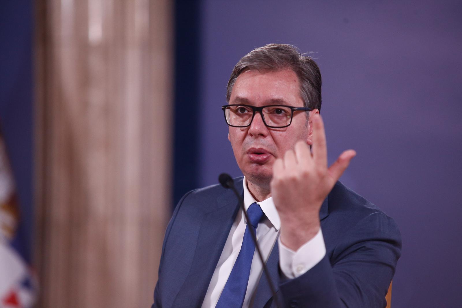 06, July, 2023, Belgrade The President of the Republic of Serbia, Aleksandar Vucic, addressed the public in the building of the General Secretariat of the President of the Republic. Aleksandar Vucic. Photo: Amir Hamzagic/ATAImages

06, jul, 2023, Beograd  - Predsednik Republike Srbije Aleksandar Vucic obratio se javnosti u zgradi Generalnog sekretarijata predsednika Republike. Photo: Amir Hamzagic/ATAImages Photo: Amir Hamzagic/ATA Images/PIXSELL