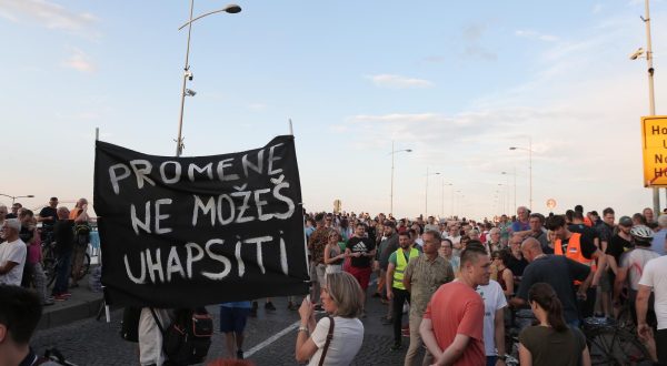 07, July, 2023, Novi Sad - A protest against violence was held in Novi Sad, and people gathered in front of the Provincial Government building and headed towards the Rainbow Bridge. Photo: Amir Hamzagic/ATAImages

07, jul, 2023, Novi Sad - Protest protiv nasilja odrzan je u Novom Sadu, a ljudi su se okupili ispred zgrade Pokrajinske vlade i krenuli ka mostu Duga.  Photo: Amir Hamzagic/ATAImages/PIXSELL