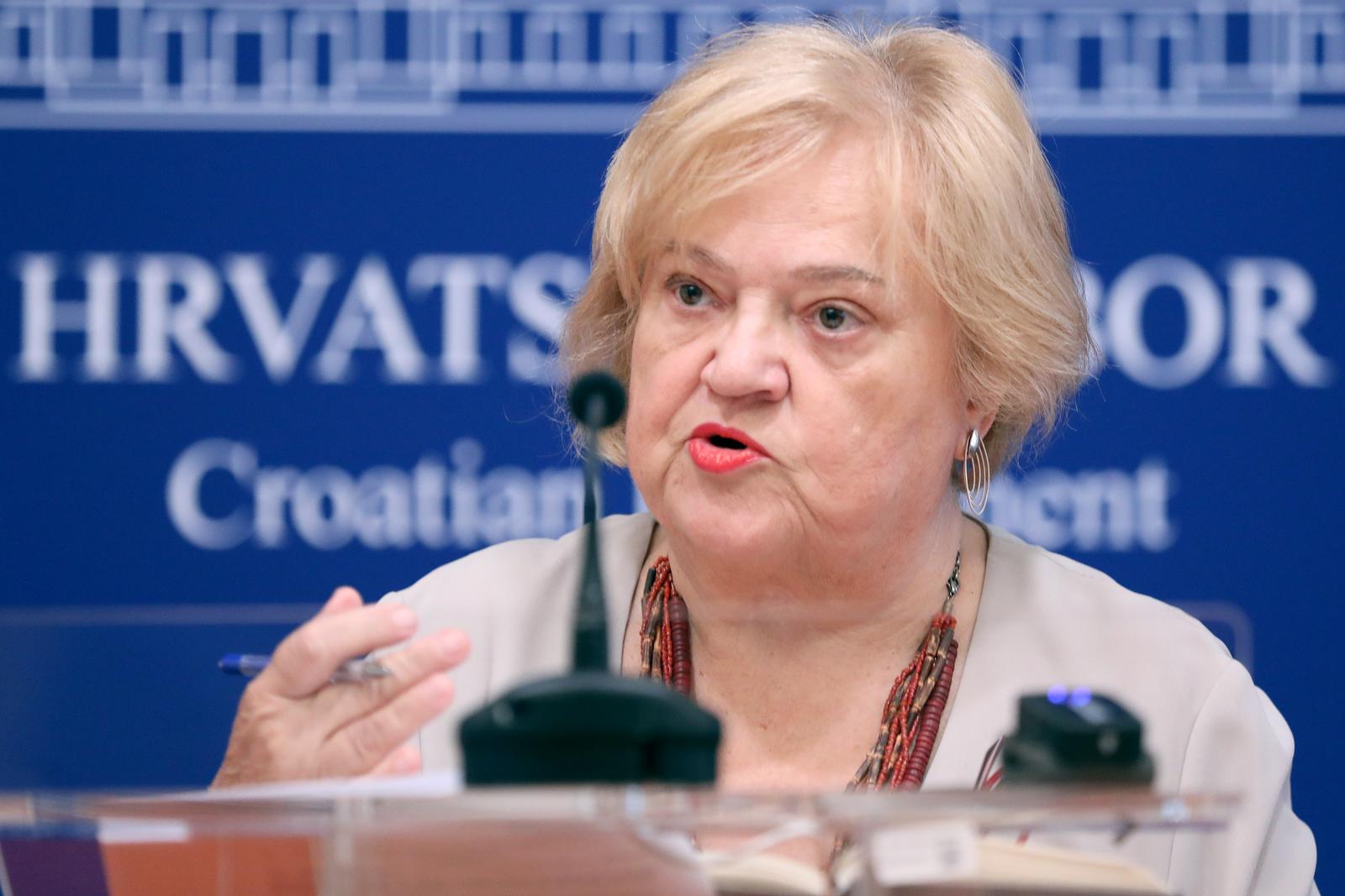 10.07.2023., Zagreb - Na konferenciji za medije odrzanoj u Saboru o temi "Zakon o pomorskom dobru – Vlada stvara još veci nered i otvara prostor za korupciju i devastaciju" govorila je Anka Mrak Taritas. Photo: Patrik Macek/PIXSELL