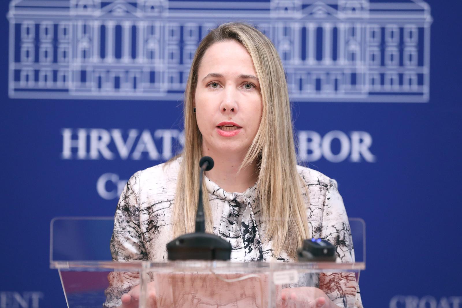 13.07.2023., Zagreb - Na konferenciji za medije odrzanoj u Saboru o temi „Potplacenost u zanimanjima u kojima pretezno rade zene" i strajku skudskih majestenika govorile su Marija Selak Raspudic, Iva Bolanca i Marija Paun. Photo: Patrik Macek/PIXSELL