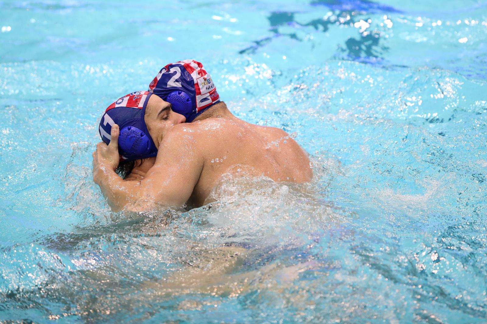 14.03.2023., bazeni Mladost, Zagreb - World Aquatics Svjetski kup u vaterpolu, Hrvatska - Madjarska. Andrija Basic, Rino Buric
 Photo: Matija Habljak/PIXSELL