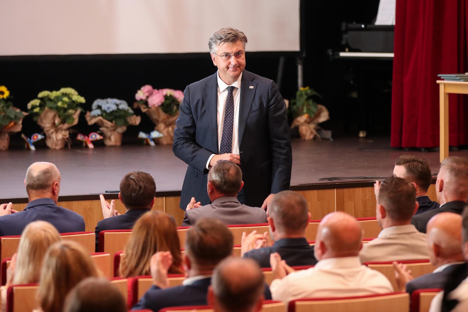 14.07.2023., Marija Bistrica - U povodu obiljezavanja Dana Opcine Marija Bistrica, predsjednik Vlade Andrej Plenkovic sudjelovao je na svecanoj sjednici Opcinskog vijeca. Photo: Matija Habljak/PIXSELL