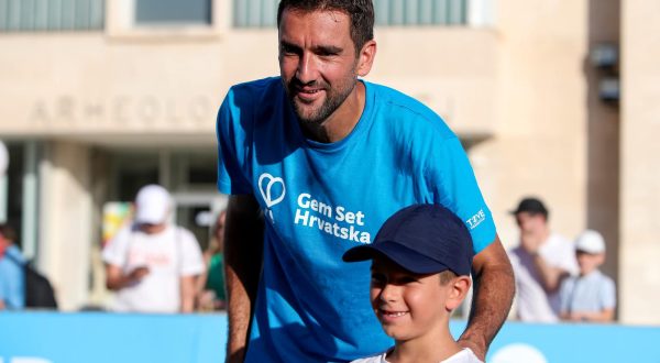 16.07.2023., Zadar  -  Marin Cilic, Valent Sinkovic i Eduardo da Silva zaigrali tenis sa djecom i najavili Gem Set Hrvatska Photo: Sime Zelic/PIXSELL