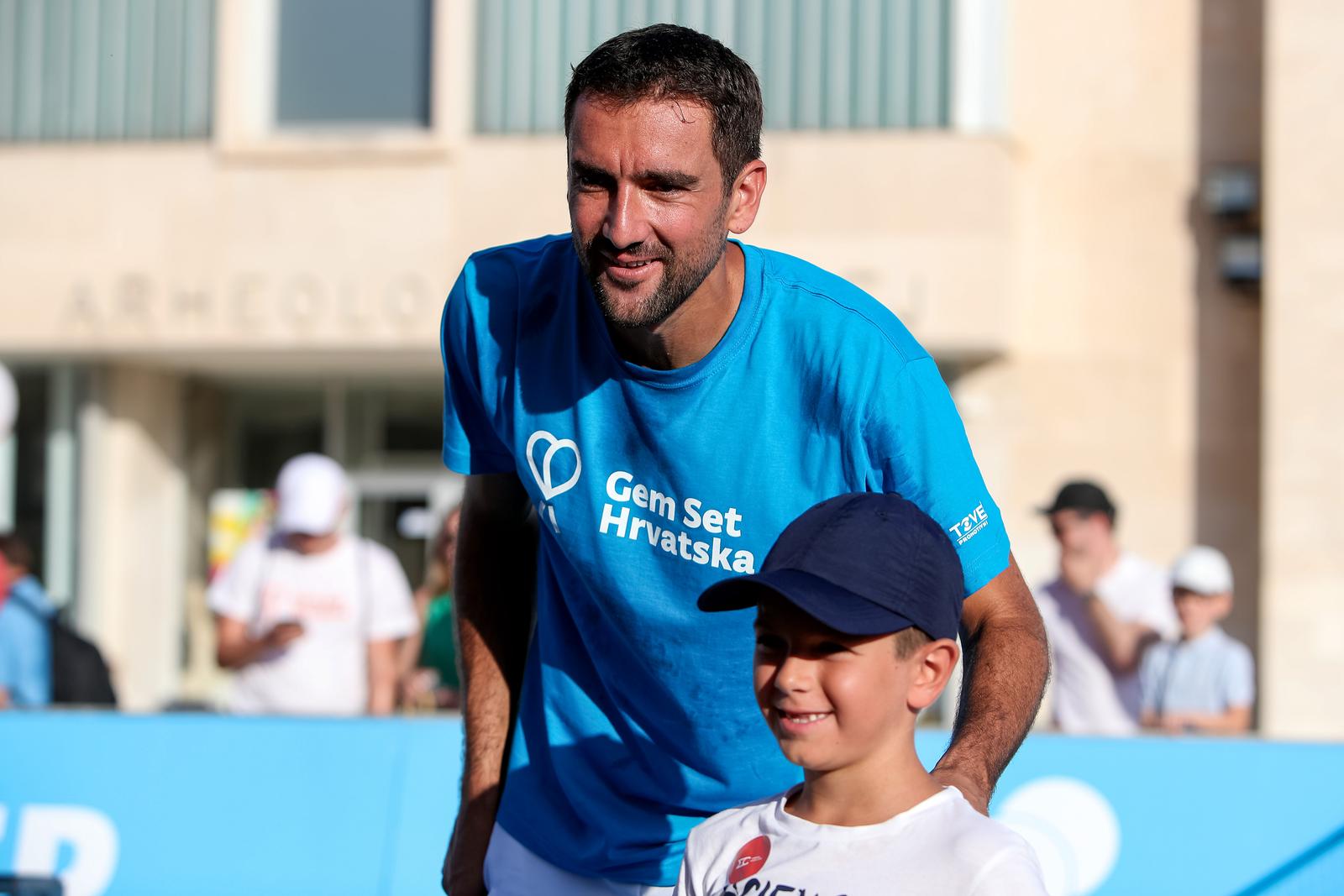 16.07.2023., Zadar  -  Marin Cilic, Valent Sinkovic i Eduardo da Silva zaigrali tenis sa djecom i najavili Gem Set Hrvatska Photo: Sime Zelic/PIXSELL