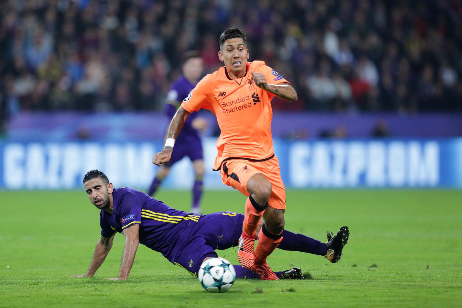 17.10.2017. stadion Ljudski vrt, Maribor, Slovenija - UEFA Liga prvaka, skupina E, 3. kolo, NK Maribor - Liverpool FC. Marwan Kabha, Roberto Firmino. "nPhoto: Luka Stanzl/PIXSELL