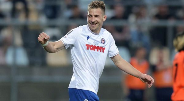 24.05.2023., stadion HNK Rijeka, Rijeka - Finalna utakmica SuperSport Hrvatskog nogometnog kupa, HNK Hajduk - HNK Sibenik. Nogometasi Hajduka slave pogodak Darija Melnjaka za 1:0. Dario Melnjak Photo: Luka Stanzl/PIXSELL