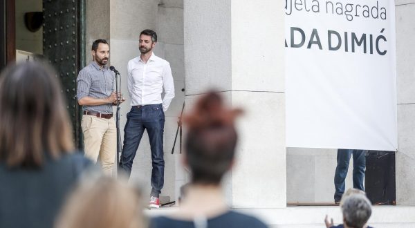 25.06.2021., Zagreb - Ispred Hrvatskog drustva likovnih umjetnika na Trgu zrtava fasizma odrzana je svecana dodjela Nagrade Nada Dimic. Mladen Kozic, Ivo Segota Photo: Slavko Midzor/PIXSELL