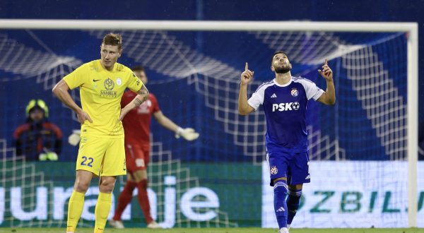 25.07.2023., stadion Maksimir, Zagreb - Prva utakmica 2. pretkola UEFA Lige prvaka, GNK Dinamo - Astana.  Slavlje nogometasa Dinama nakon pogodka Luke Ivanuseca za 2:0. Luka Ivanusec Photo: Goran Stanzl/PIXSELL